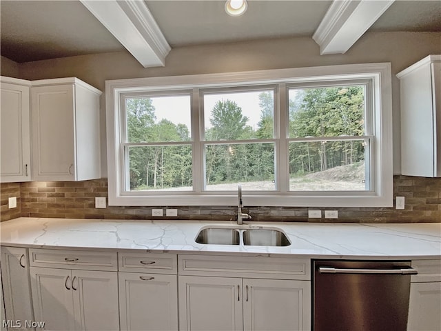 kitchen featuring sink, white cabinets, stainless steel dishwasher, and plenty of natural light