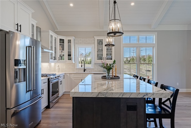 kitchen with a kitchen island, lofted ceiling with beams, backsplash, decorative light fixtures, and high quality appliances