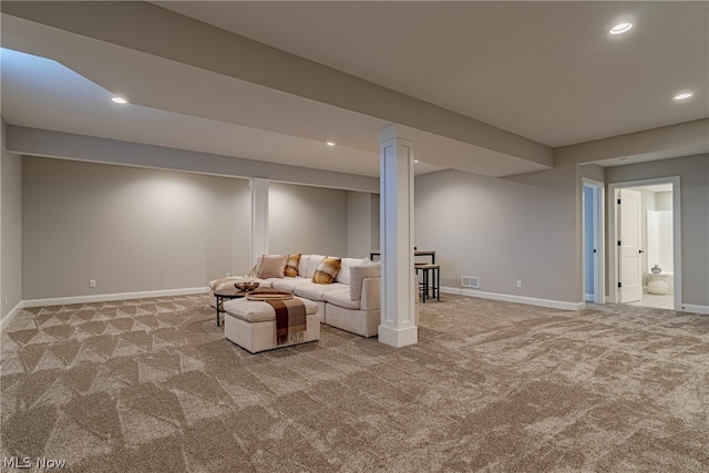 basement featuring light carpet