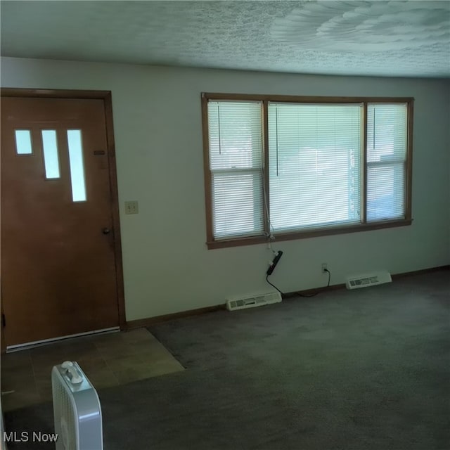 carpeted entryway featuring a textured ceiling and plenty of natural light