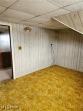 bonus room featuring wooden walls and carpet