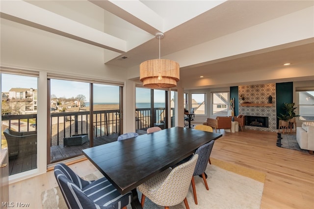 dining space with a tiled fireplace and hardwood / wood-style floors