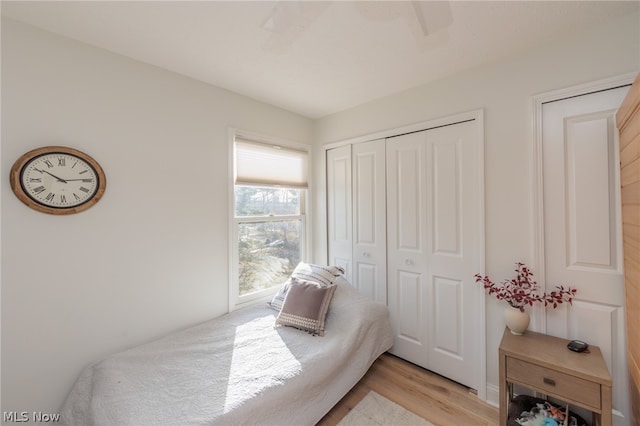 bedroom featuring ceiling fan and light wood-type flooring