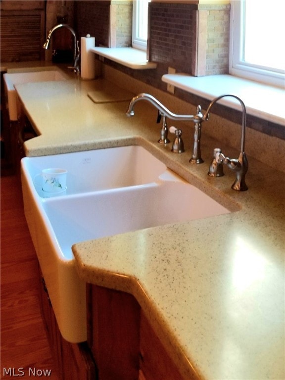 interior details with dark wood-type flooring and a washtub