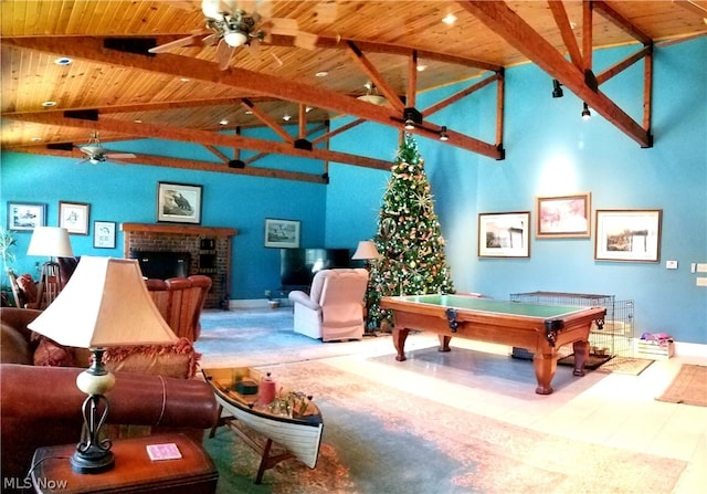 game room featuring billiards, wood ceiling, and ceiling fan