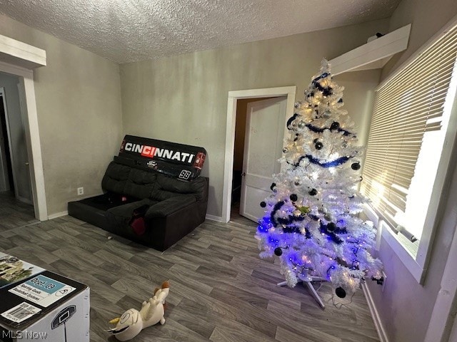 living room with hardwood / wood-style floors and a textured ceiling