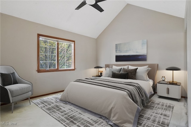 carpeted bedroom with high vaulted ceiling and ceiling fan