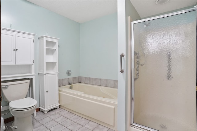 bathroom with toilet, independent shower and bath, a textured ceiling, and tile patterned floors