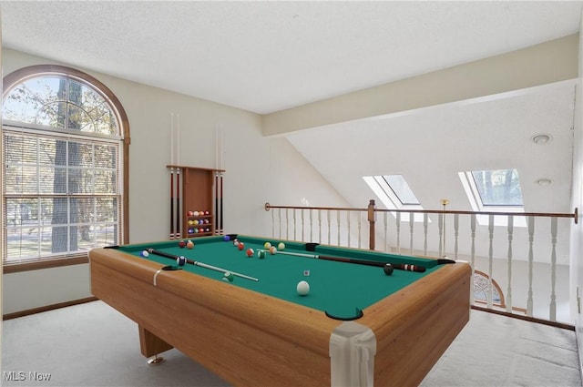 6747 Lockwood Blvd, Youngstown, OH 44512 - recreation room featuring carpet, healthy amount of natural light, a skylight, pool table, and lofted ceiling
