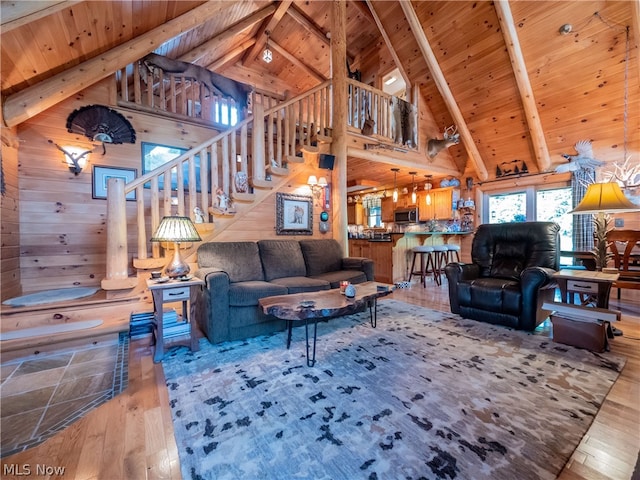 living room featuring wood ceiling, wood-type flooring, and high vaulted ceiling