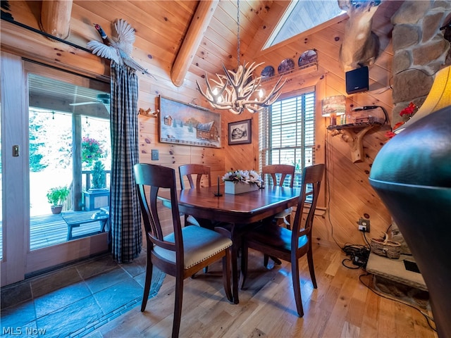 dining room featuring wood walls, hardwood / wood-style floors, wooden ceiling, a chandelier, and vaulted ceiling