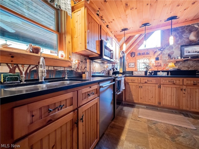 kitchen with decorative light fixtures, stainless steel appliances, vaulted ceiling, wooden ceiling, and sink