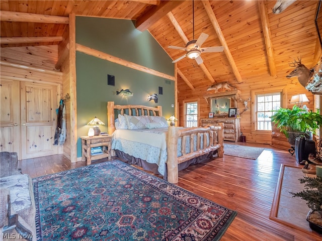 bedroom featuring beamed ceiling, wooden ceiling, hardwood / wood-style flooring, and high vaulted ceiling