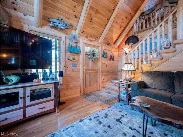 living room featuring wooden ceiling, lofted ceiling with beams, hardwood / wood-style flooring, and wooden walls