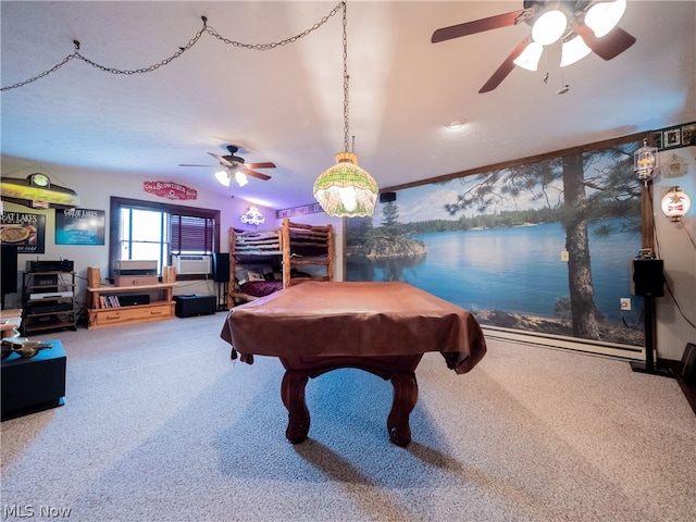 game room with ceiling fan, pool table, and carpet