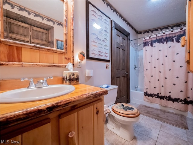 full bathroom featuring shower / bathtub combination with curtain, toilet, tile flooring, a textured ceiling, and vanity