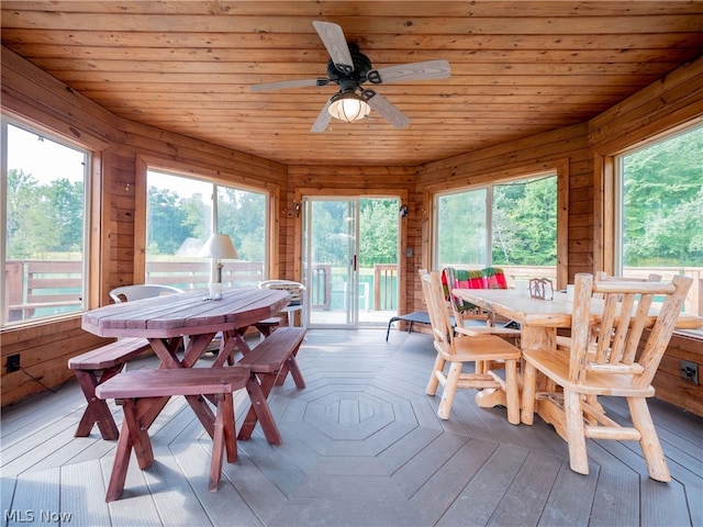 sunroom / solarium with wood ceiling, plenty of natural light, and ceiling fan