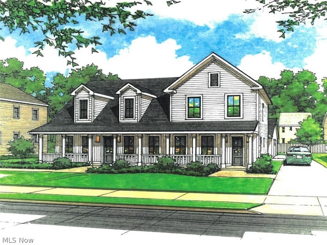 view of front of home with a porch and a front yard