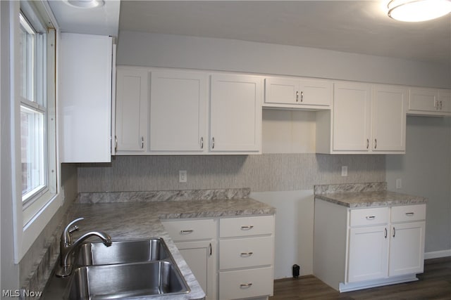 kitchen with white cabinetry, dark hardwood / wood-style flooring, and sink