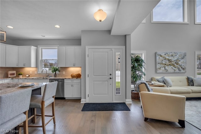 entryway featuring hardwood / wood-style floors, sink, and plenty of natural light