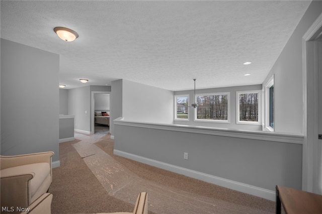 interior space featuring a textured ceiling and carpet floors