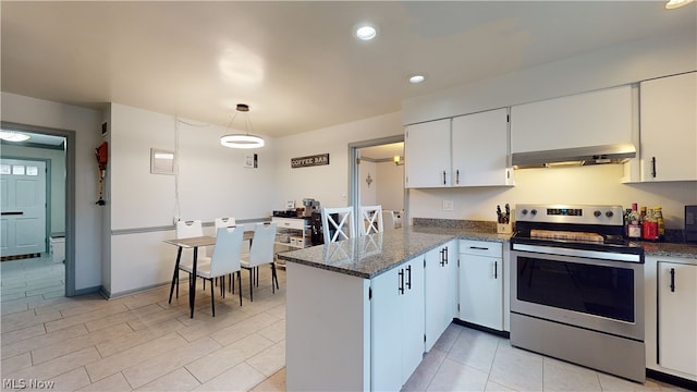 kitchen featuring kitchen peninsula, white cabinetry, range hood, dark stone counters, and stainless steel electric range oven