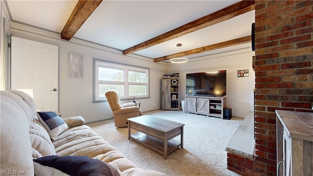 living room with beam ceiling and light colored carpet