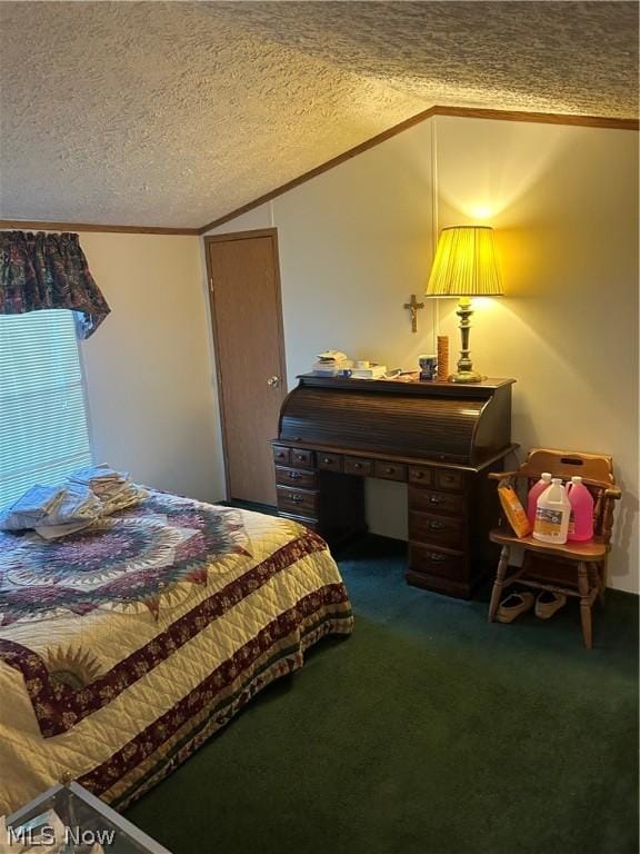 bedroom with crown molding, lofted ceiling, a textured ceiling, and dark colored carpet