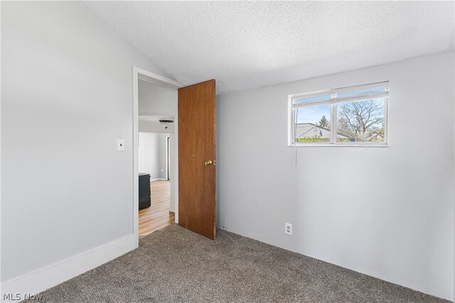 interior space featuring vaulted ceiling, carpet, and a textured ceiling