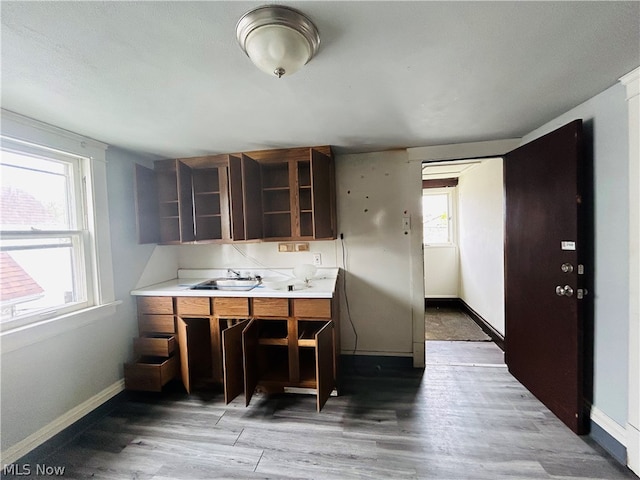 kitchen featuring wood-type flooring, kitchen peninsula, and sink