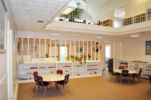 carpeted dining room featuring a towering ceiling and a textured ceiling