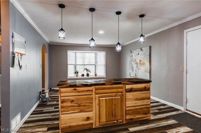 bar featuring crown molding, pendant lighting, and dark hardwood / wood-style floors