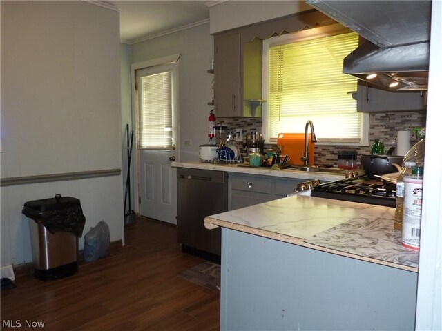 kitchen featuring dark hardwood / wood-style floors, tasteful backsplash, and a healthy amount of sunlight