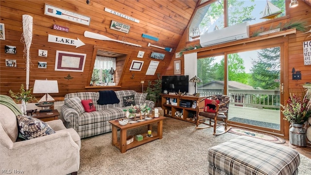 living room featuring a wall unit AC, wood walls, high vaulted ceiling, and carpet floors