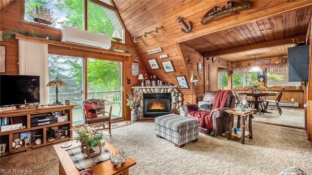 interior space with beamed ceiling, a stone fireplace, carpet floors, wooden ceiling, and wood walls