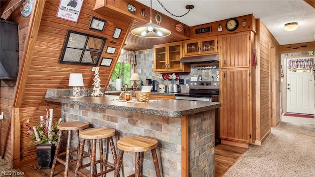 bar featuring a textured ceiling, stainless steel electric range oven, wooden walls, hardwood / wood-style flooring, and pendant lighting