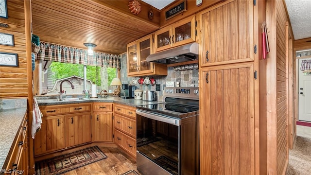 kitchen featuring electric range, sink, backsplash, and light colored carpet