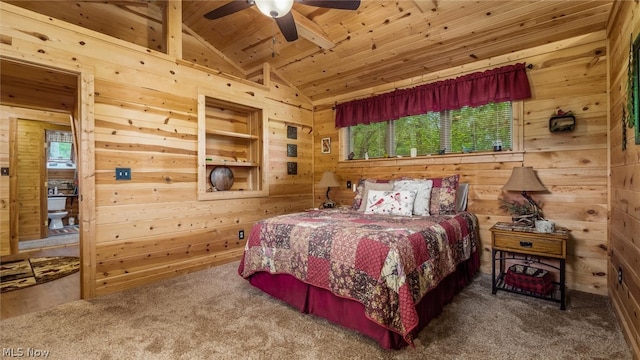 bedroom featuring lofted ceiling, ceiling fan, wooden ceiling, and multiple windows