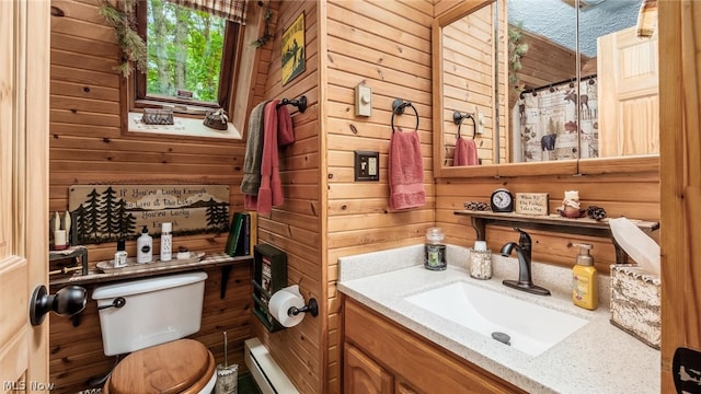 bathroom featuring wood walls and toilet