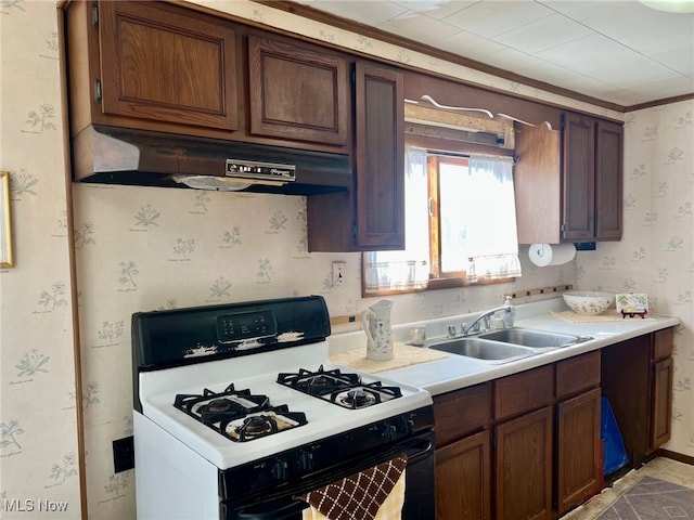 kitchen featuring gas range, sink, ornamental molding, and dark brown cabinets