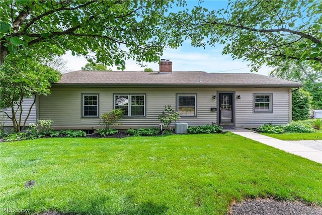 single story home with central AC and a front lawn