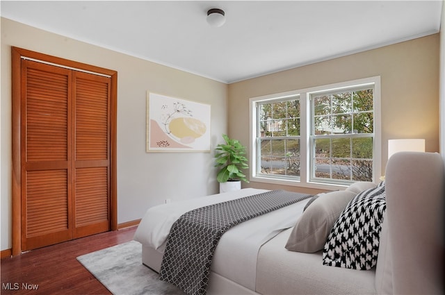 bedroom with hardwood / wood-style flooring and a closet