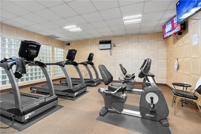 workout area featuring carpet, a paneled ceiling, and tile walls