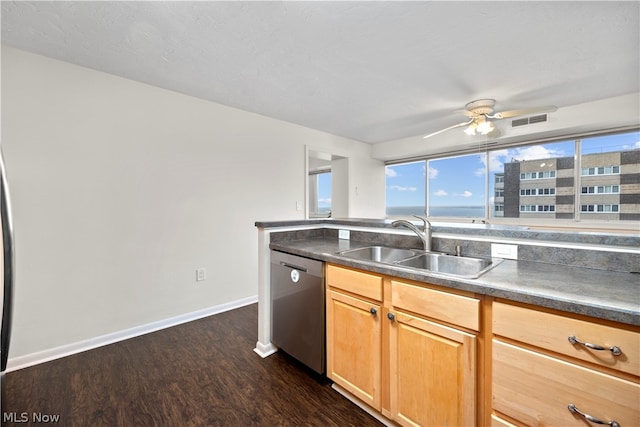 kitchen with dark hardwood / wood-style floors, light brown cabinets, ceiling fan, dishwasher, and sink