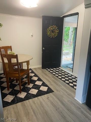 foyer featuring lofted ceiling and wood-type flooring