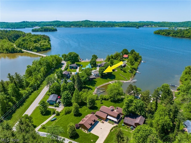 drone / aerial view with a water view