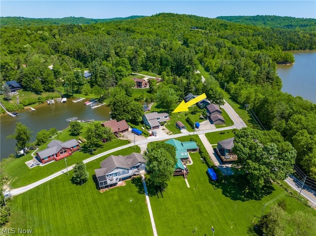 bird's eye view with a water view