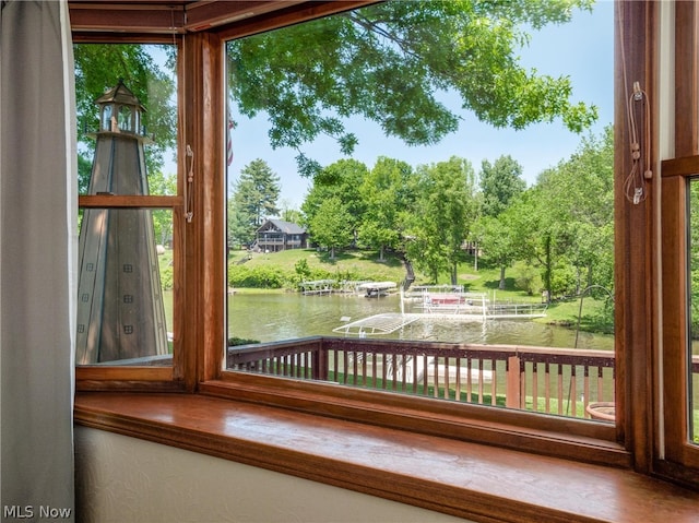 interior space with a water view