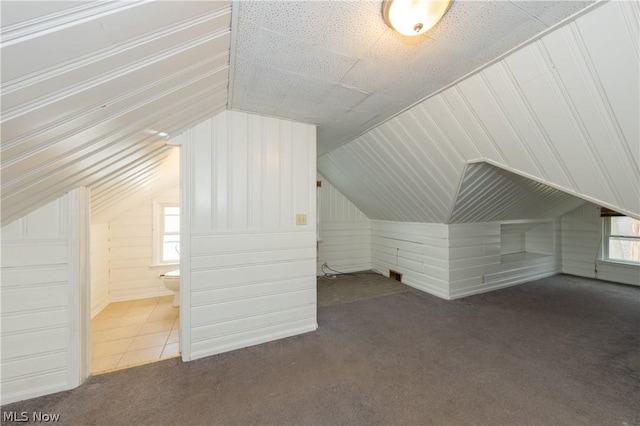 bonus room with carpet flooring, a healthy amount of sunlight, and lofted ceiling