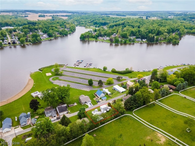 drone / aerial view with a water view